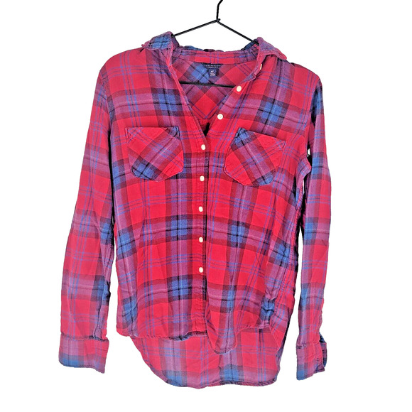 Aeropostale Womens Sz S Long Sleeve Button Up Plaid Shirt Red Blue Purple - Picture 1 of 4